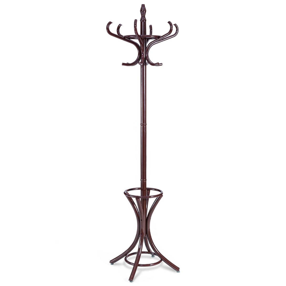 Costway Brown Floor Standing Hat Coat Wood Hanger W/ Umbrella Rack Prestige-Mahogany