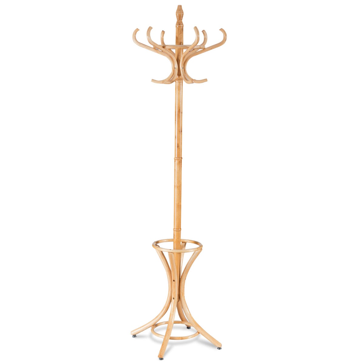 Costway Natural Floor Standing Hat Coat Wood Hanger W/ Umbrella Rack Prestige-Oak