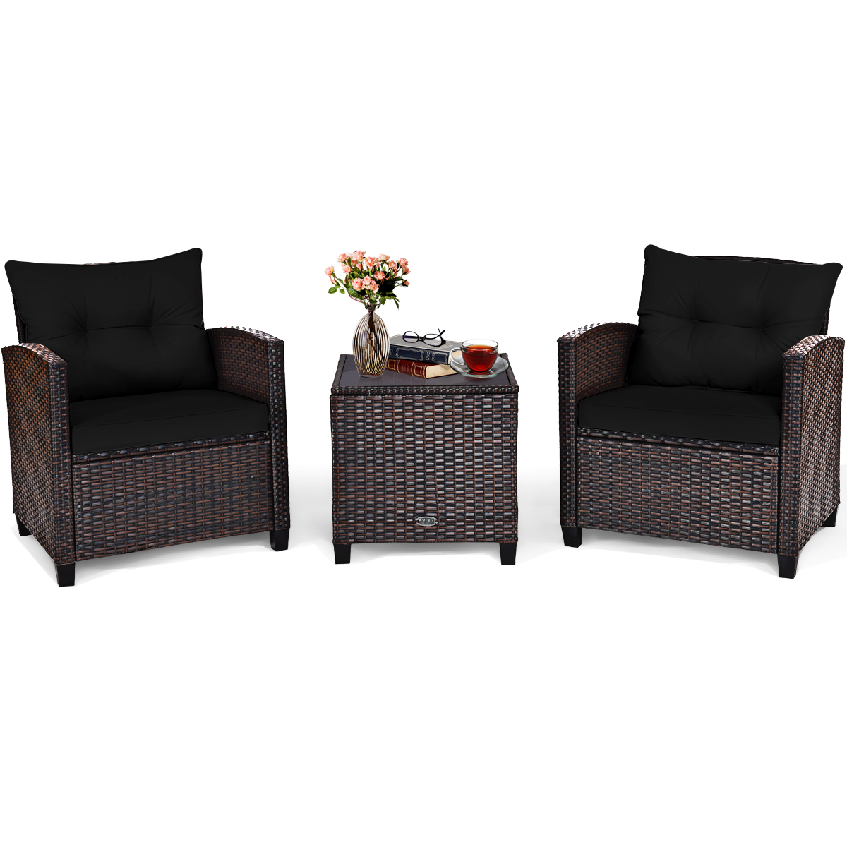 3 Piece Patio Rattan Furniture Set for Porch Balcony Garden Yard-Black