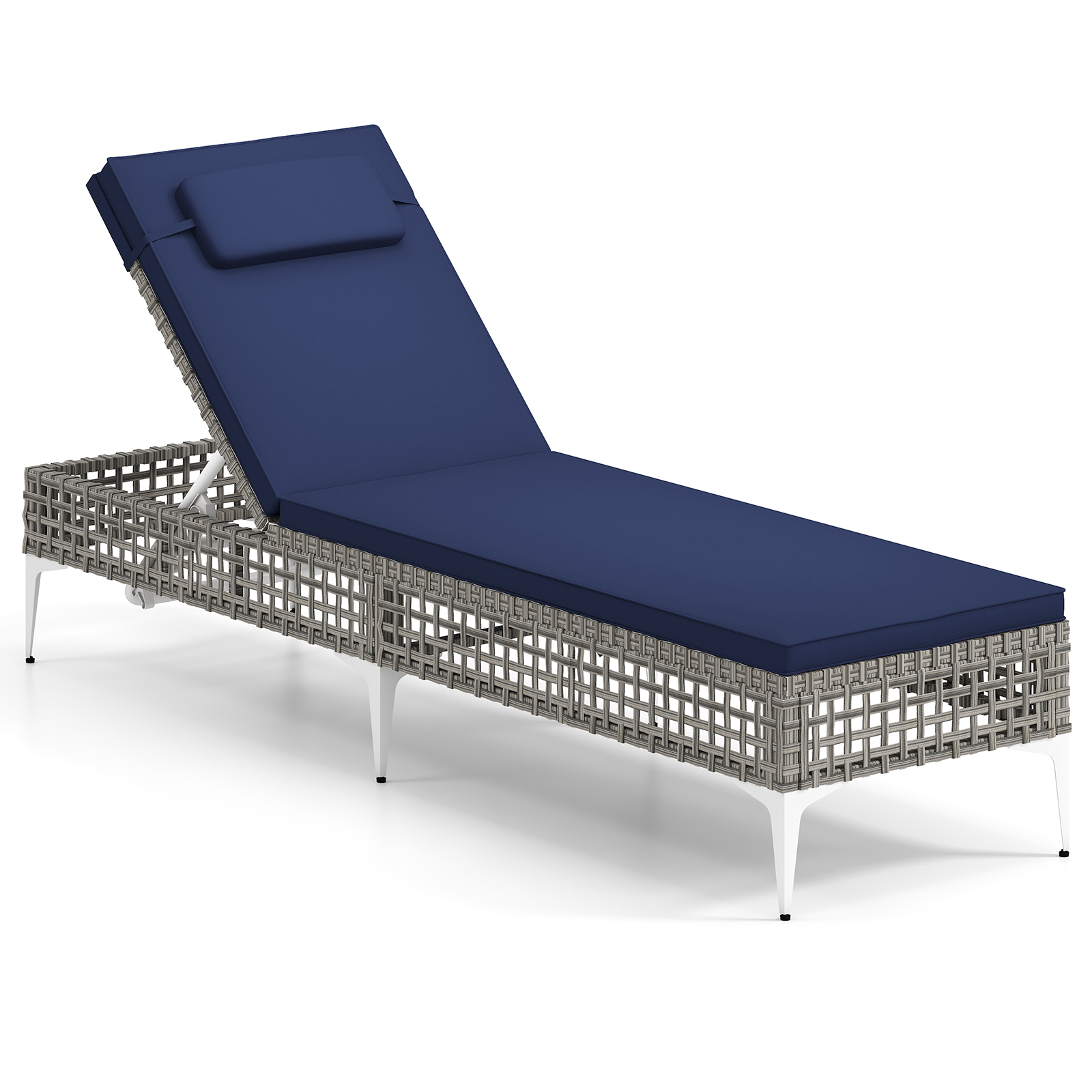 Costway Navy Patio Chaise Lounge Pe Wicker Reclining Sun Lounger With 6-Level Adjustable Backrest-1 Piece