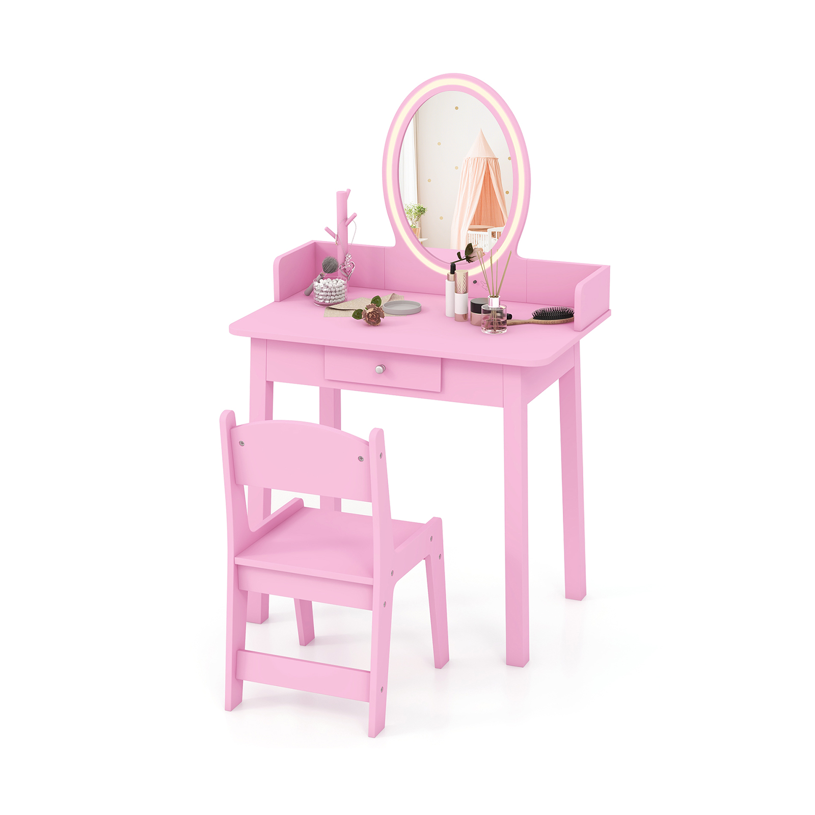 Costway Pink Kids Vanity Set Makeup Beauty Dressing Table And Chair With Lighted Mirror