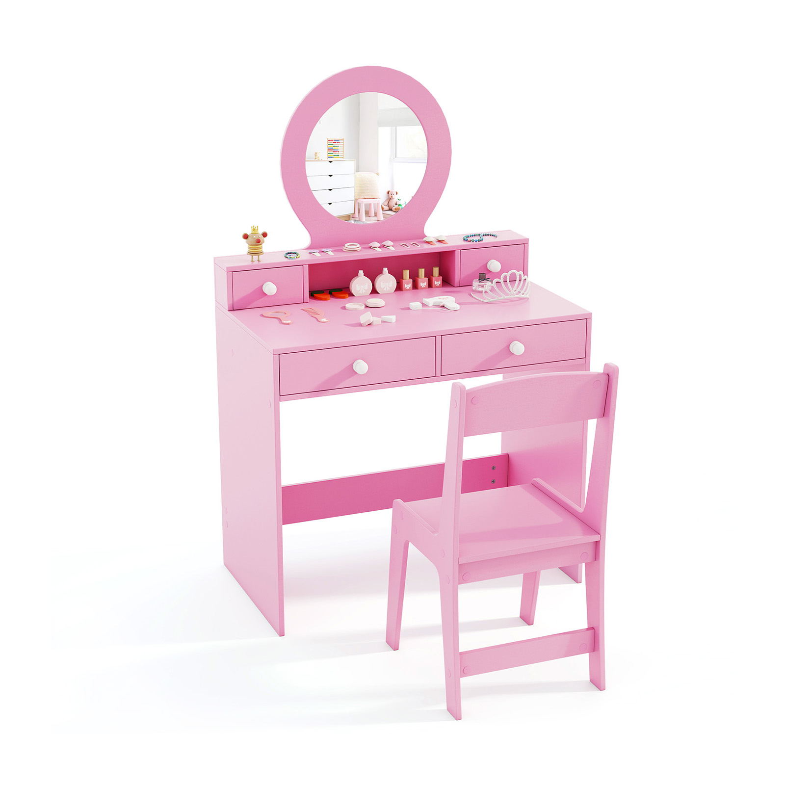 Costway Kids Vanity Set With Open Shelf And 4 Storage Drawers-Pink
