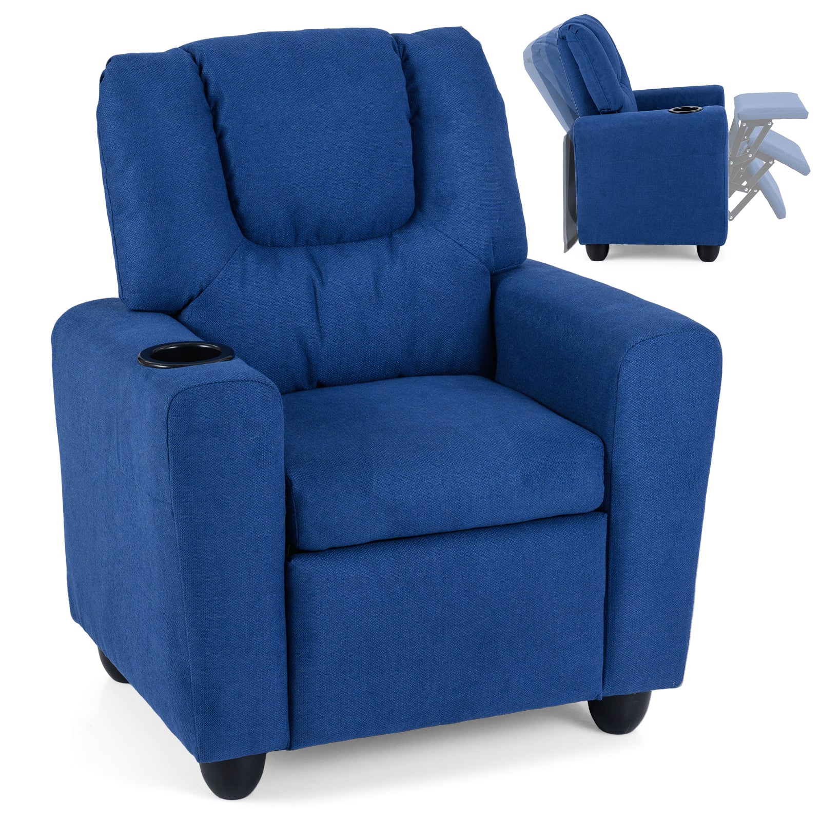 Costway Blue Kids Recliner With Cup Holder Pu Leather Kids Reclining Chair