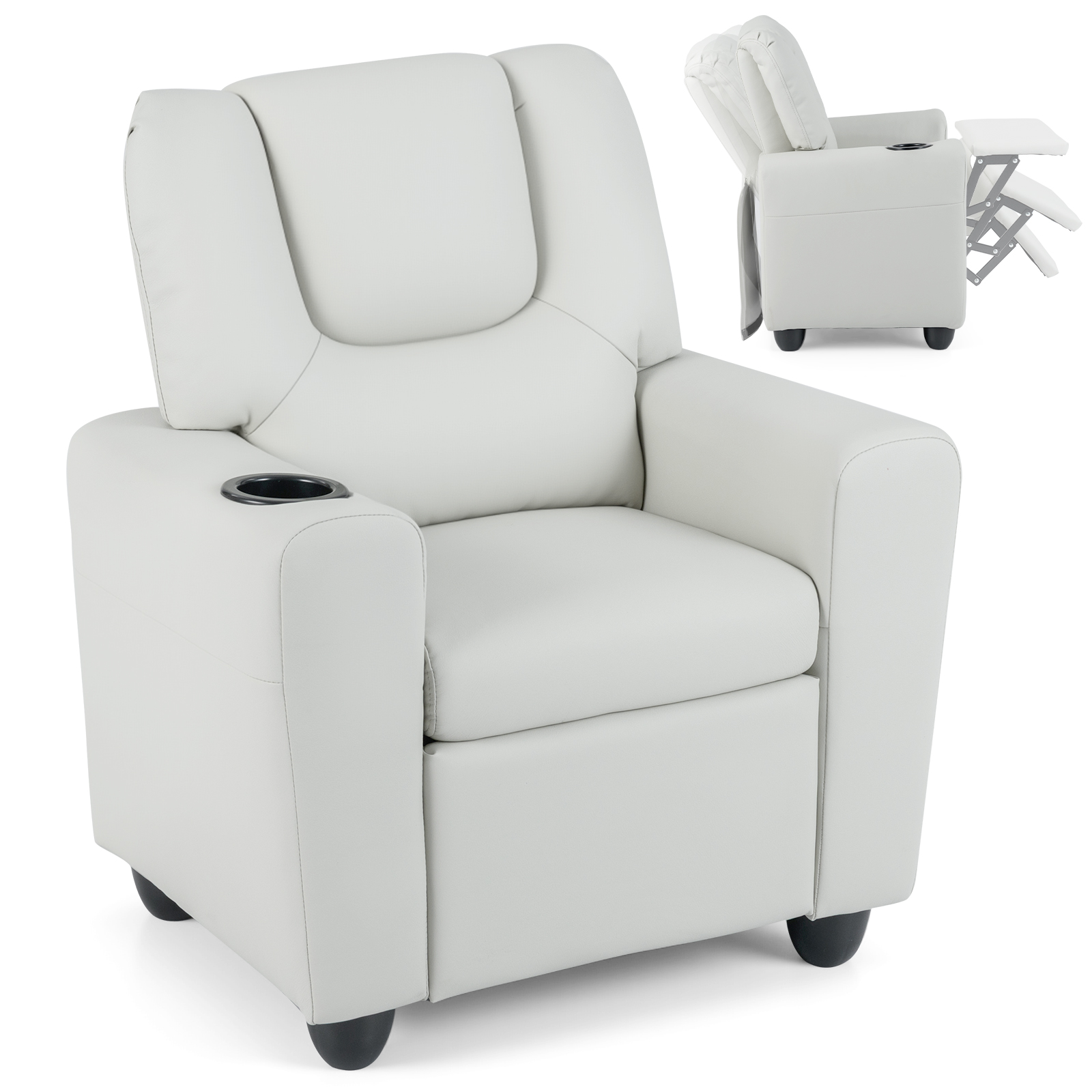 Costway Beige Kids Recliner With Cup Holder Pu Leather Kids Reclining Chair