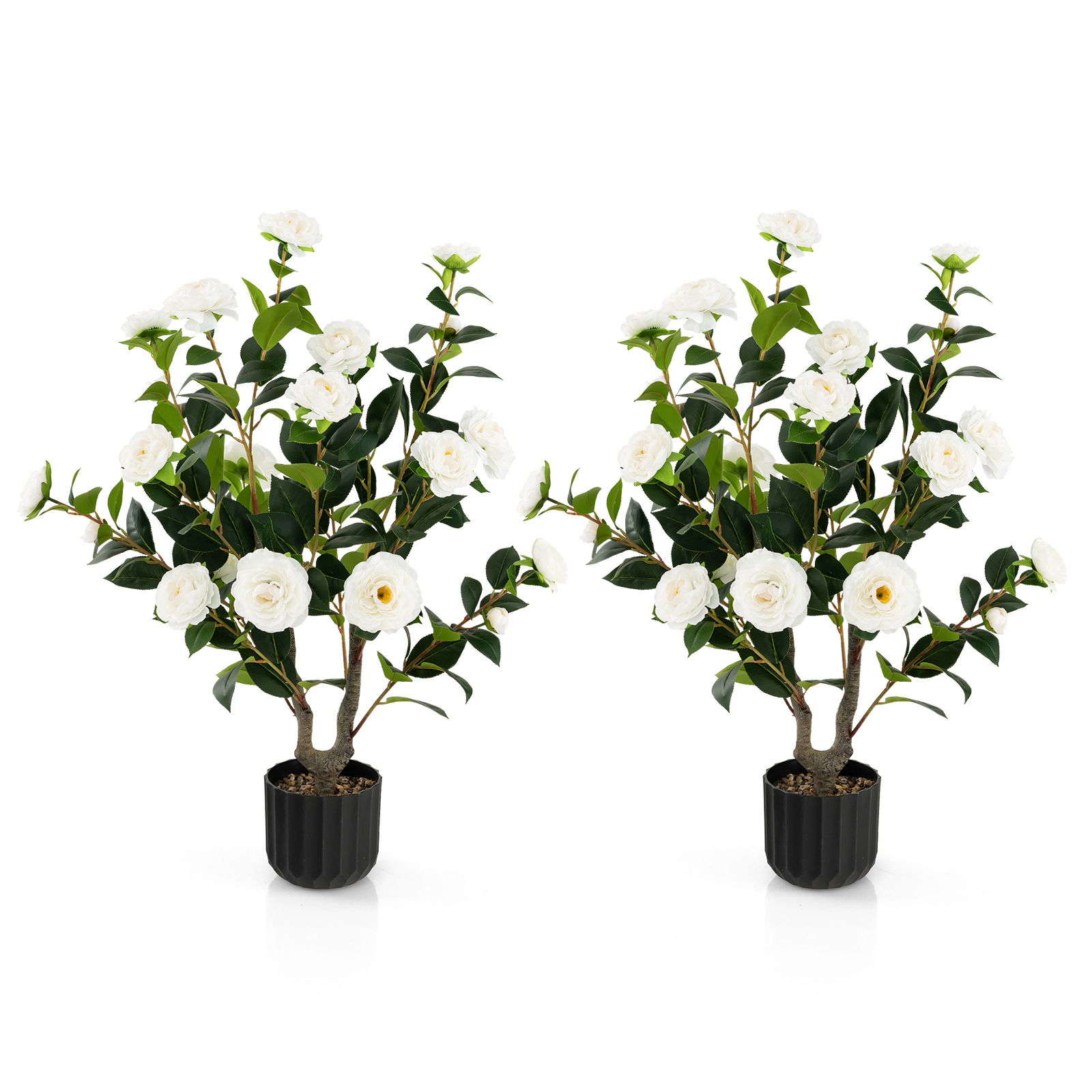 Costway 1/2 Pieces 95cm Artificial Camellia Tree With Flowers And Rain-Flower Pebbles-White-2 Pieces