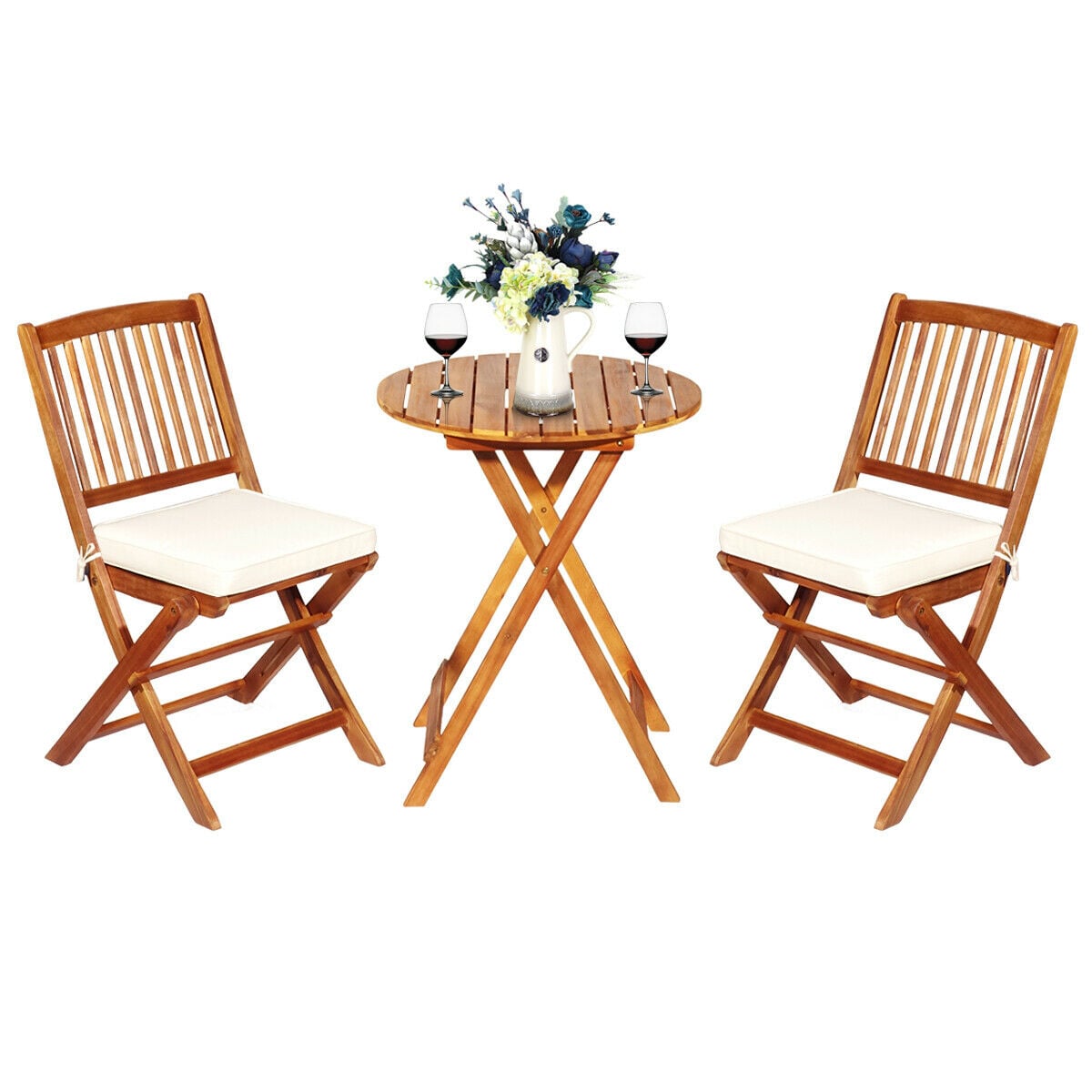 Costway Beige 3 Piece Folding Bistro Set With Cushions For Patio