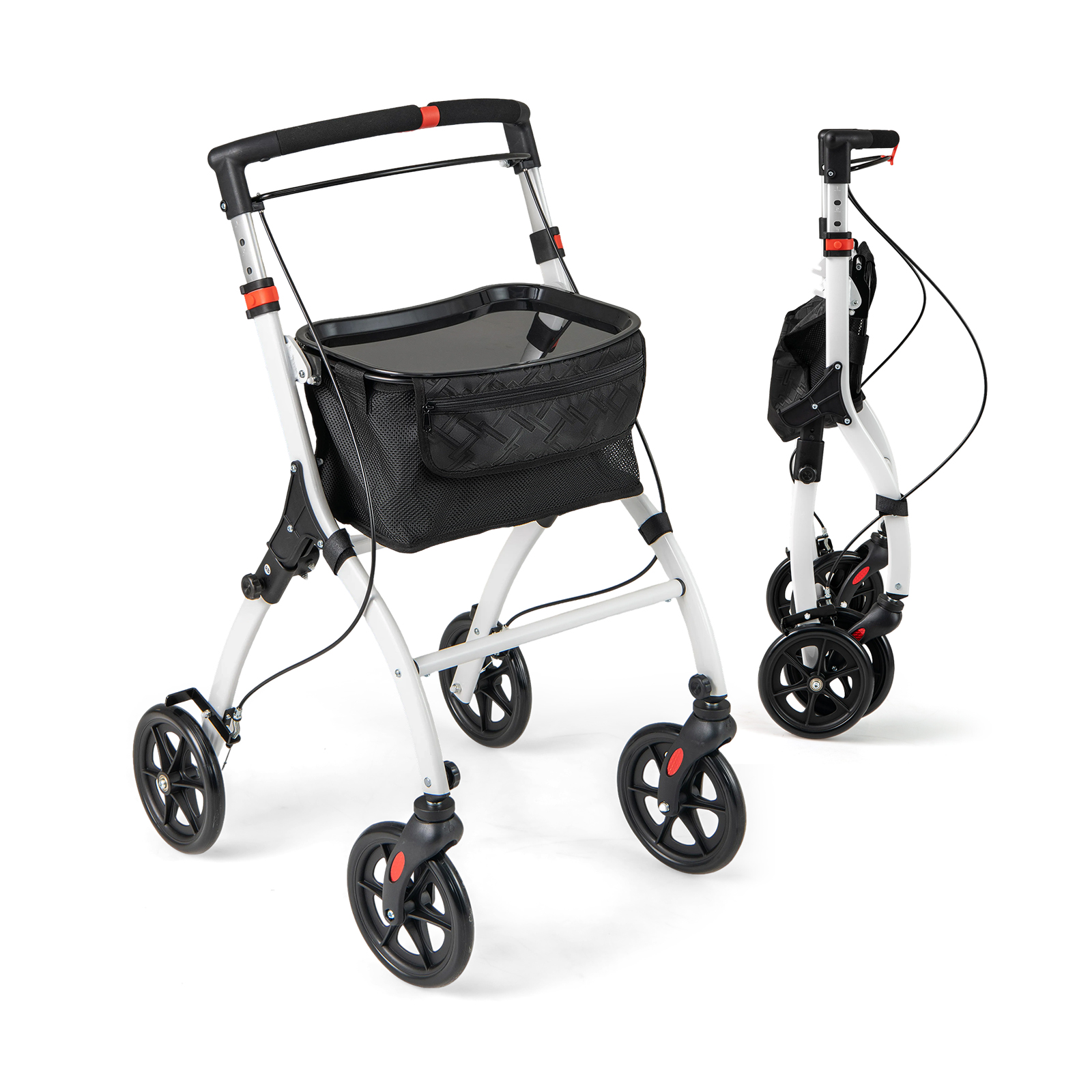 Costway White Rollator Walkers Lightweight Foldable Rolling Walker With Tray For Seniors