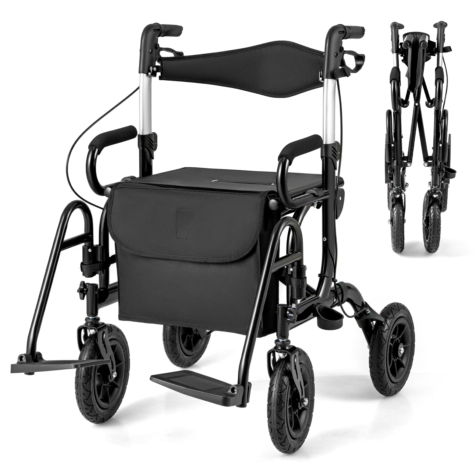 Costway Black 2-In-1 Foldable Rollator Walker With Seat And Pneumatic Tires For All Terrain