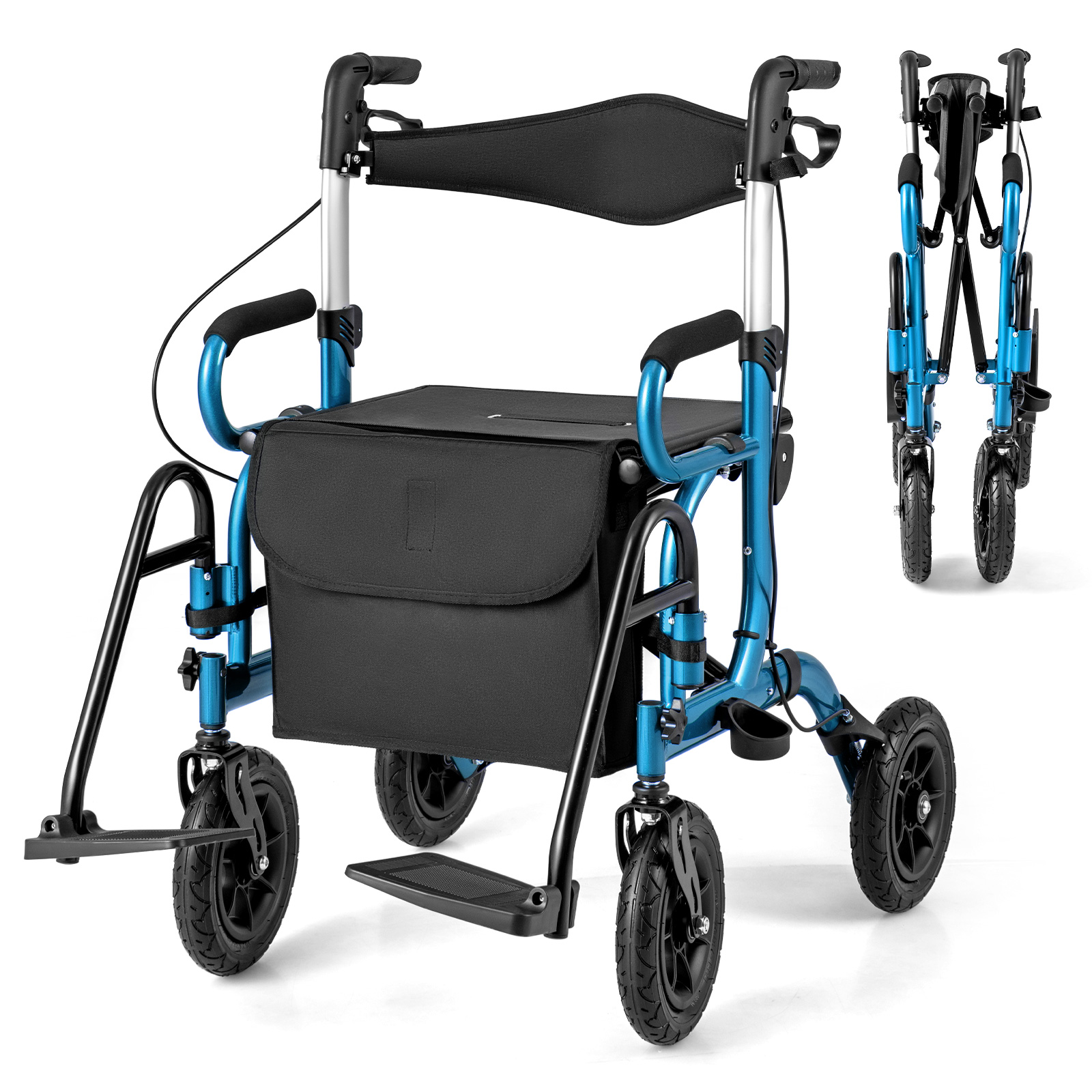 Costway Navy 2-In-1 Foldable Rollator Walker With Seat And Pneumatic Tires For All Terrain