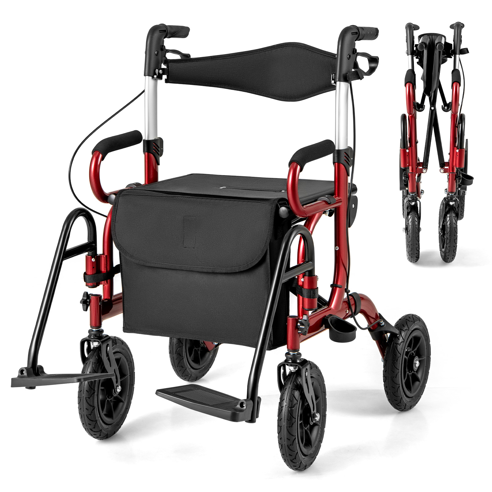 Costway Red 2-In-1 Foldable Rollator Walker With Seat And Pneumatic Tires For All Terrain