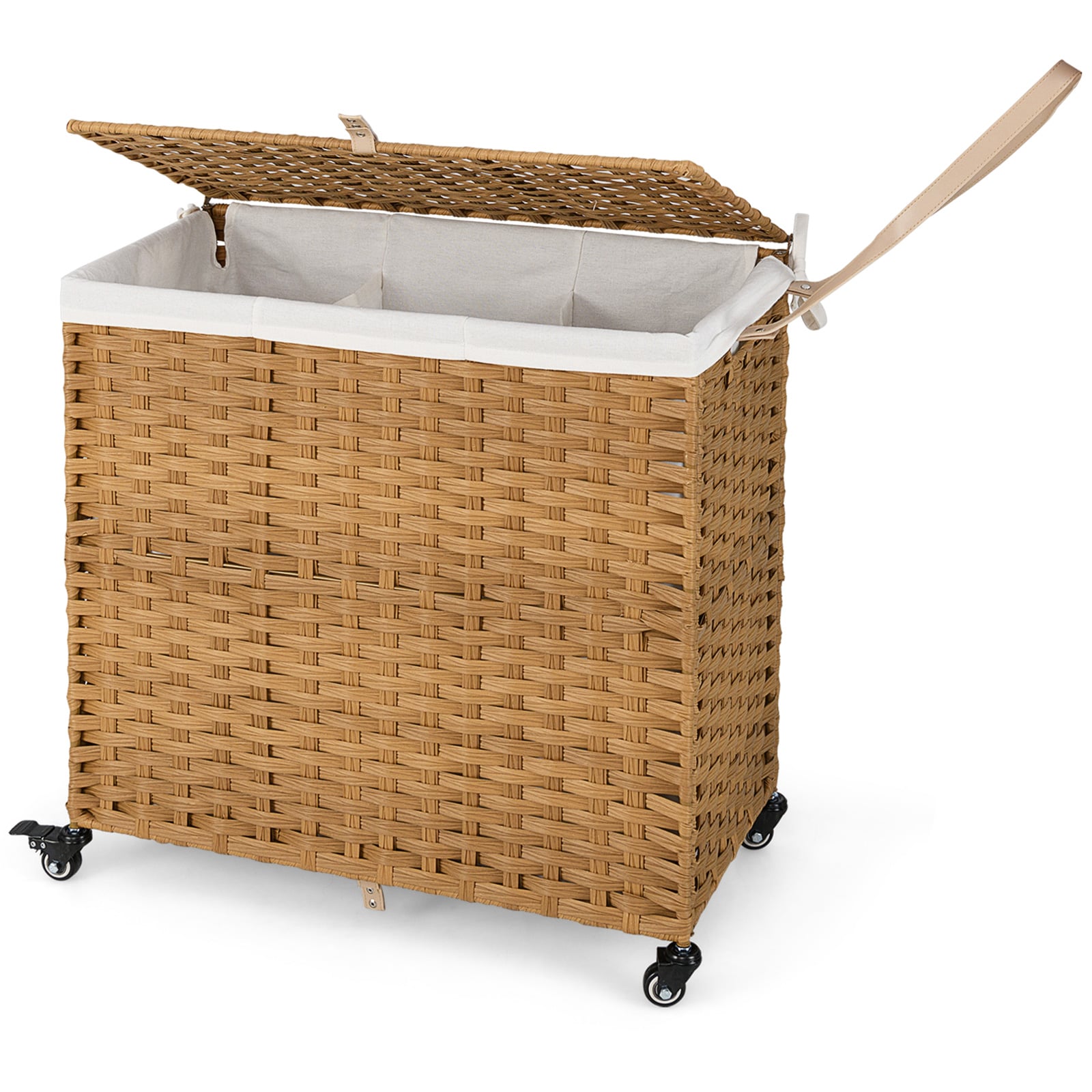 Costway Natural Laundry Hamper With Lid And Wheels And 2 Removable And Washable Liner Bags
