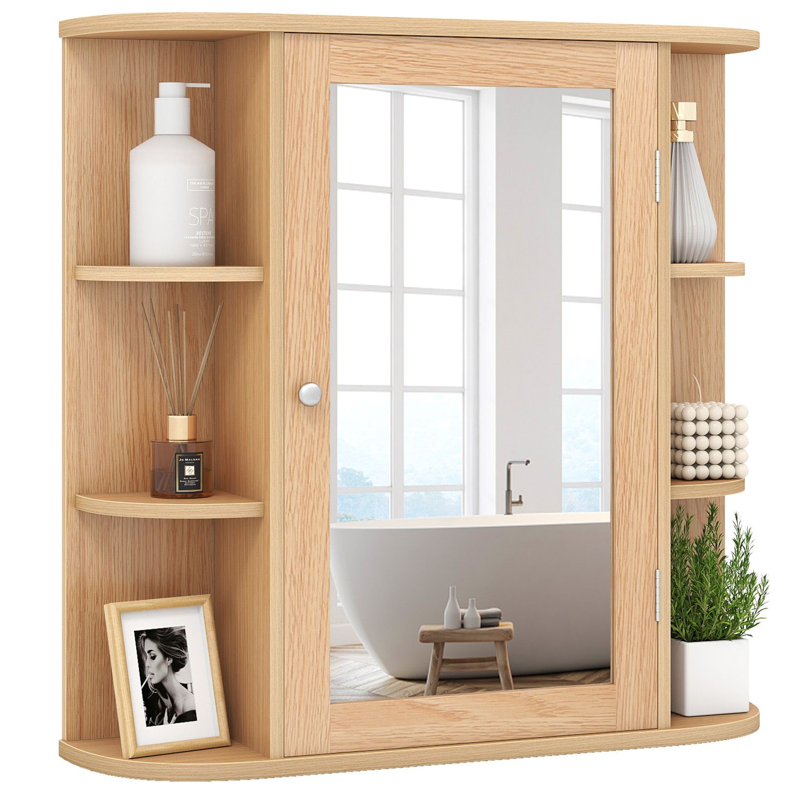 Costway Natural 3-Tier Mirrored Wall Mounted Bathroom Cabinet