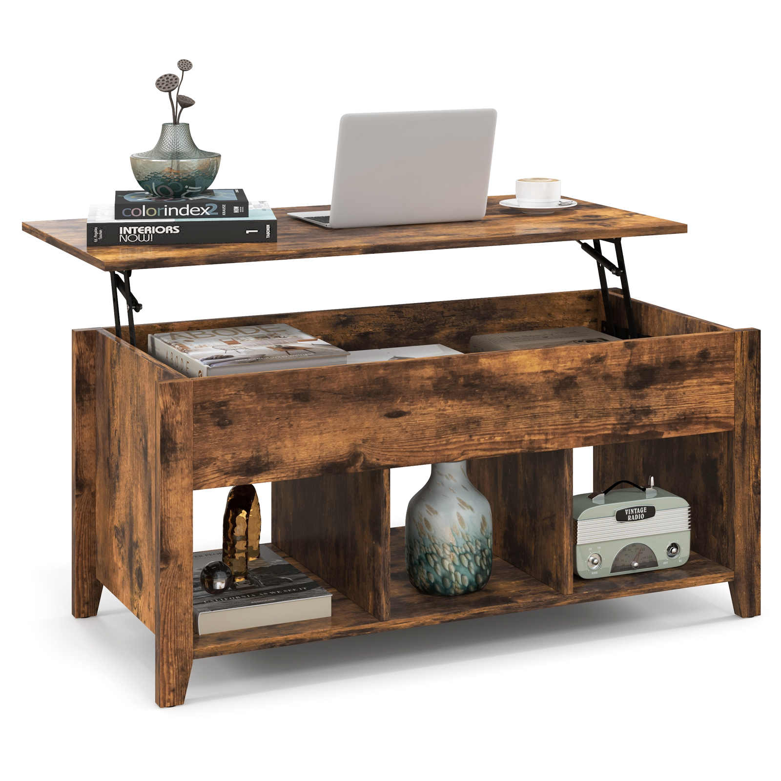 Costway Rustic Brown Rising Center Table With Lift Top Hidden Compartment