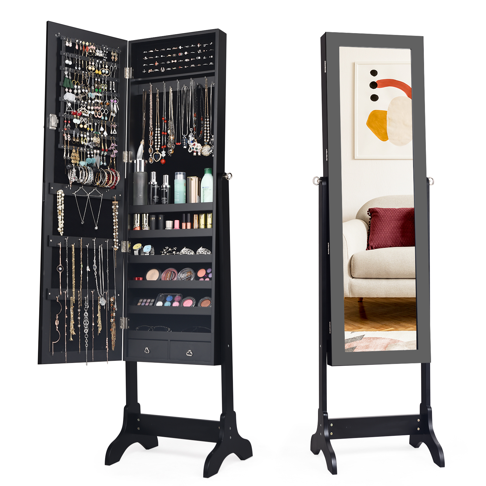 Costway Black Freestanding Jewelry Cabinet With Full-Length Mirror And Drawers-Black Small