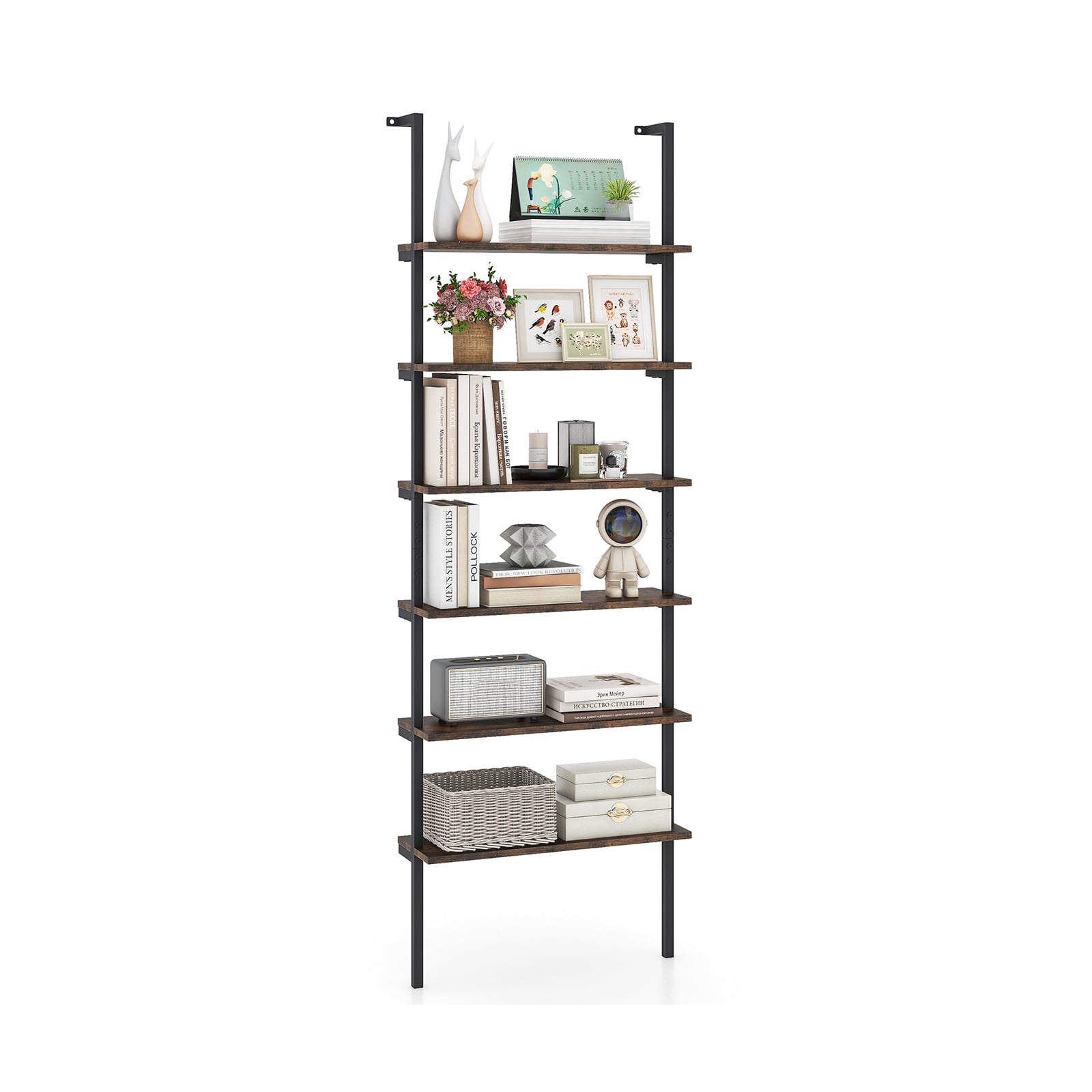 Costway Rustic Brown 6-Tier Ladder Shelf Wall Mounted Bookshelf With Metal Frame