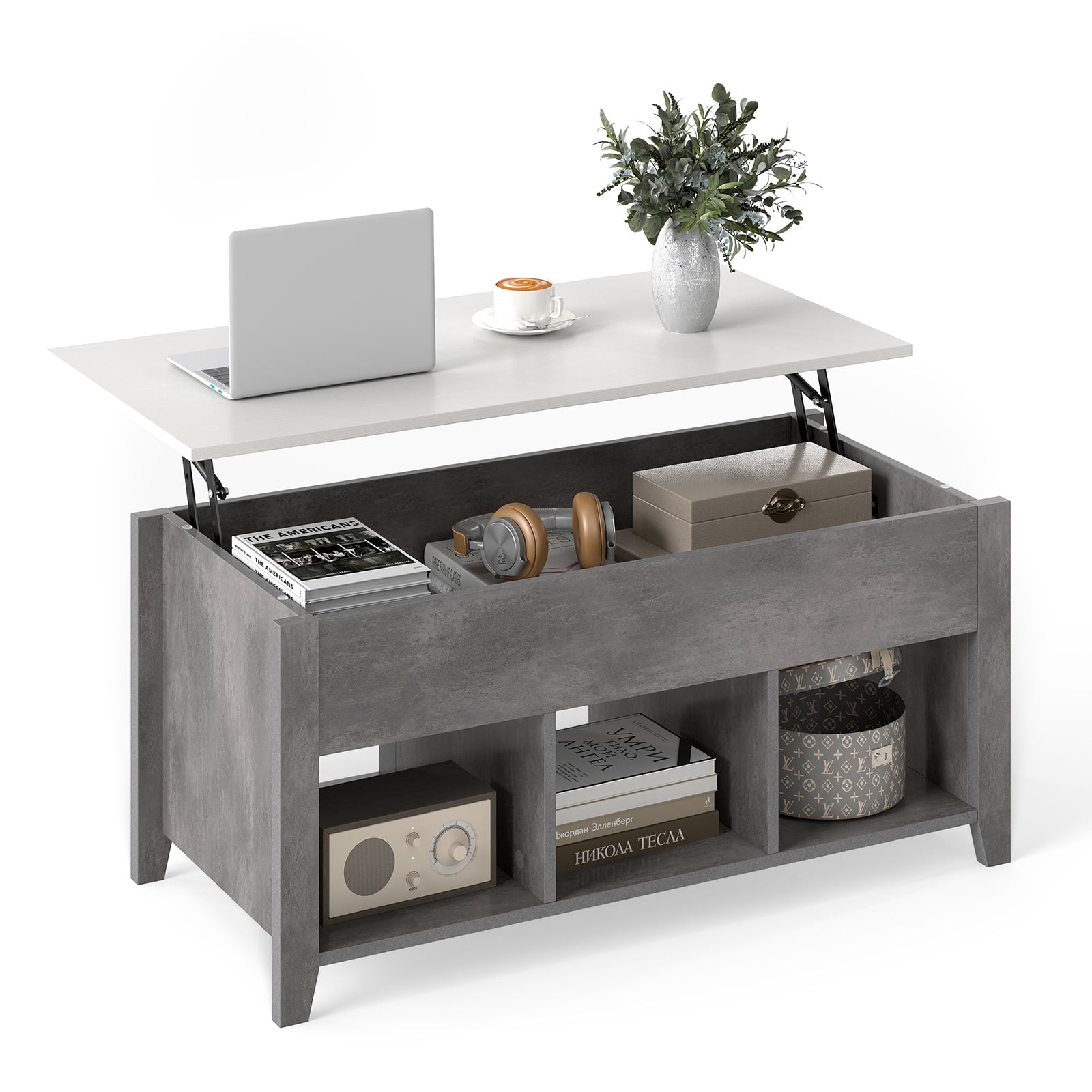 Costway Grey Rising Center Table With Lift Top Hidden Compartment