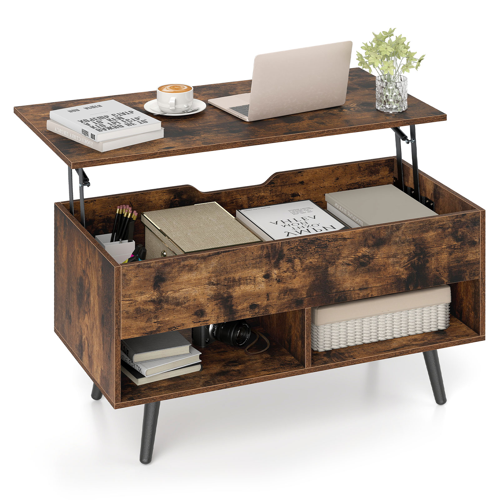 Costway Rustic Brown Lift Top Coffee Table With Hidden Compartment And Open Storage Shelves