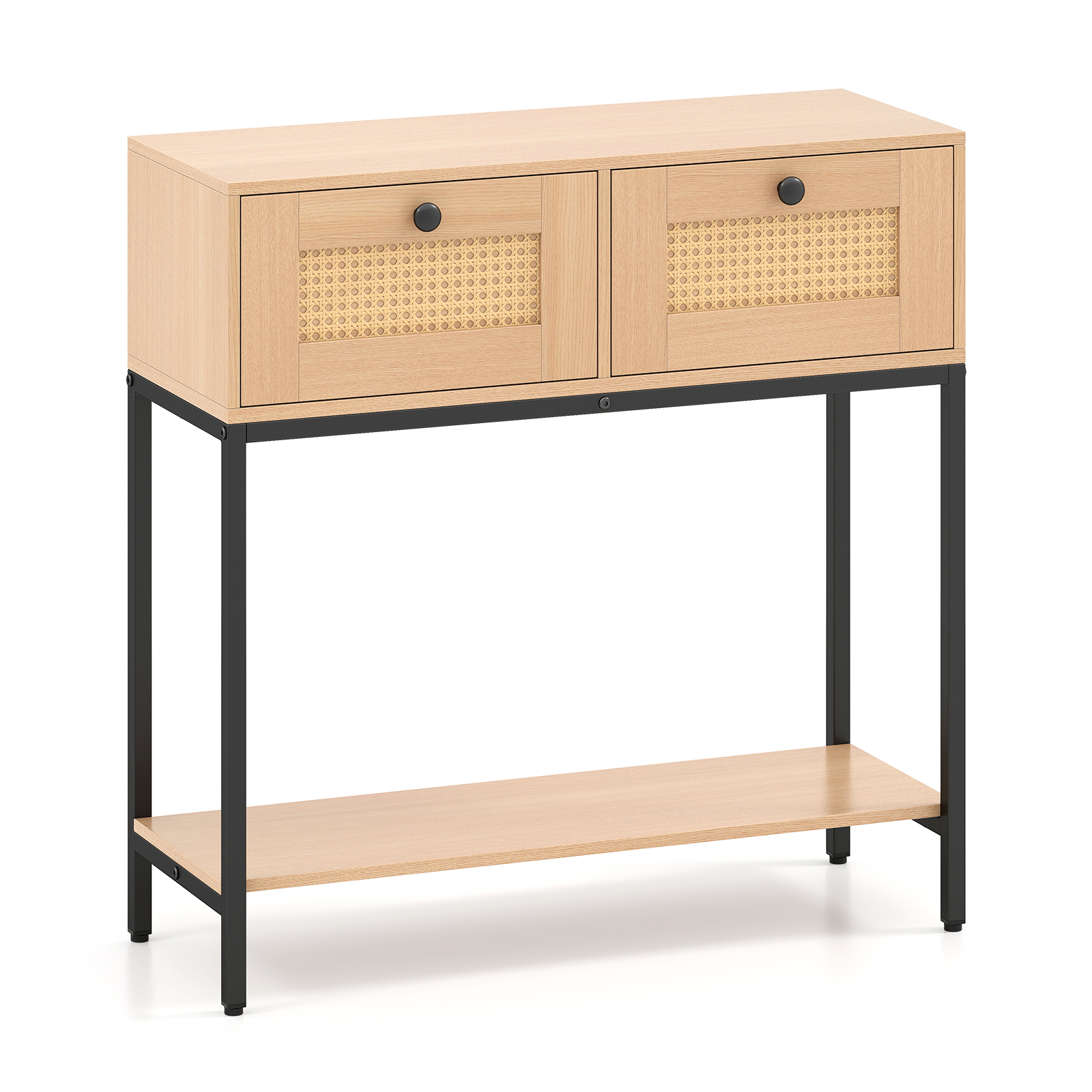 Costway Natural 80 Cm Boho Console Table With 2 Drawers And Bottom Shelf