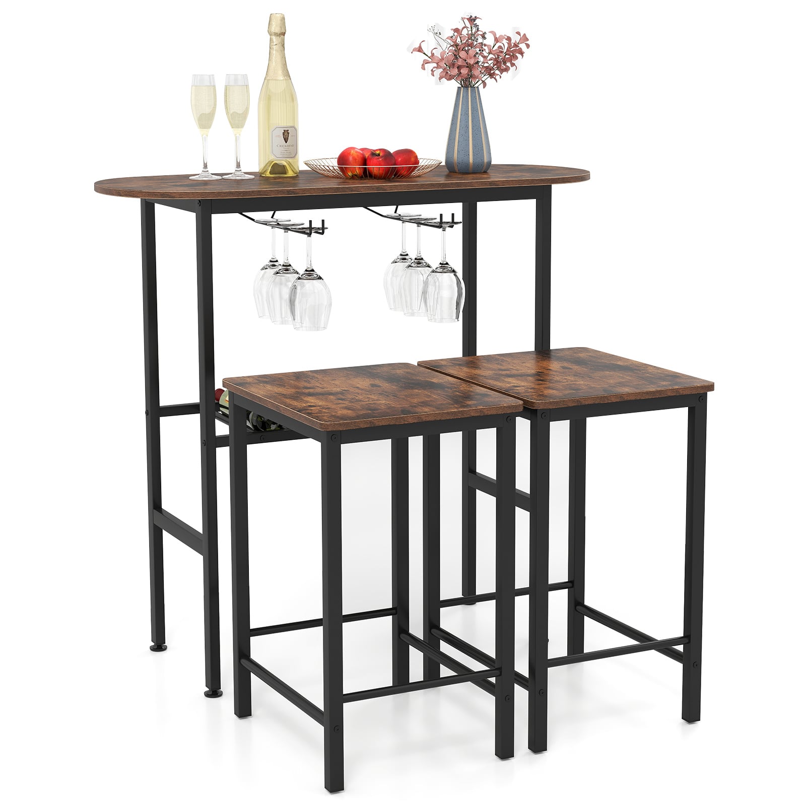 Costway Rustic Brown 3 Piece Counter Height Table Set Oval Dining Table And 2 Stools