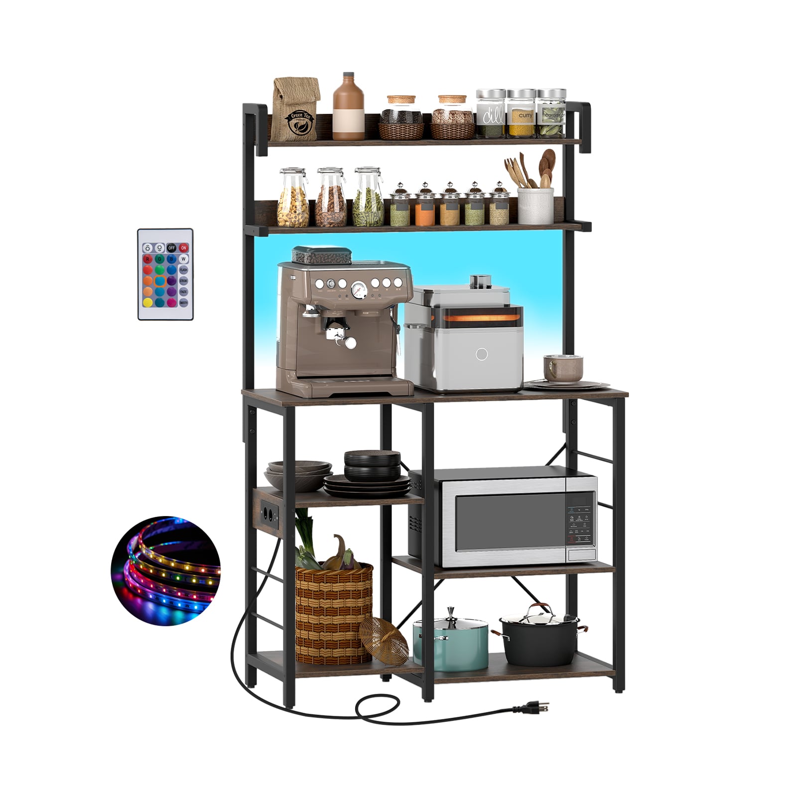 Costway Rustic Brown Kitchen Bakers Rack With Power Outlet 5-Tier Microwave Oven Stand With Led Lights