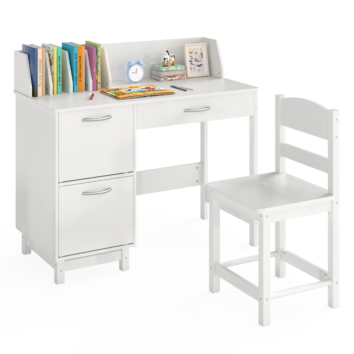 Costway White Kid's Study Desk And Chair Set With Deep Drawer And Enclosed Cabinets