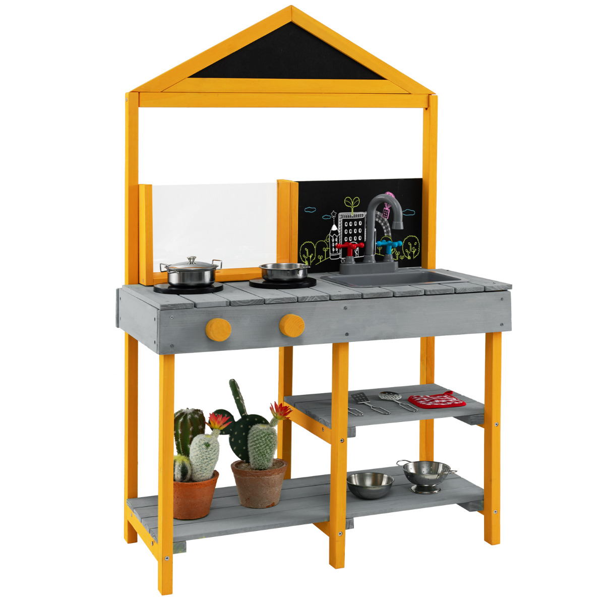 Costway Grey Kids Mud Kitchen Outdoor Kitchen Playset With Educational Plant Viewer