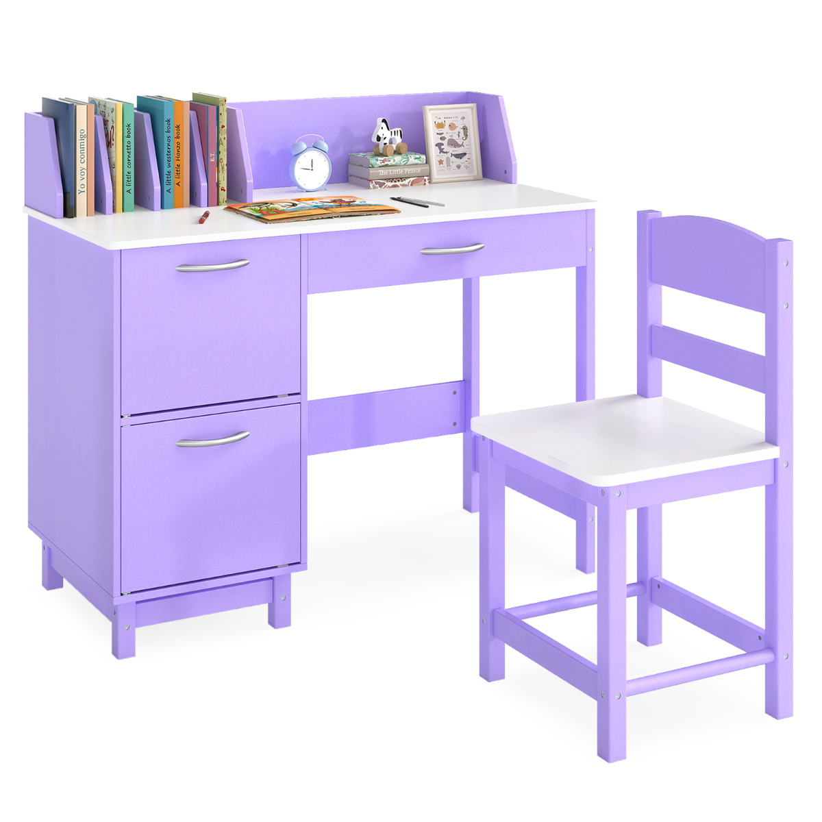 Costway Purple Kid's Study Desk And Chair Set With Deep Drawer And Enclosed Cabinets
