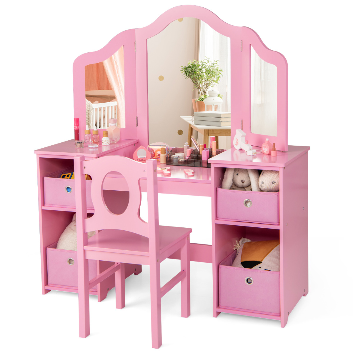 Costway Pink Kids Vanity Desk And Chair 2 In 1 Toddler Makeup Pretend Play Table