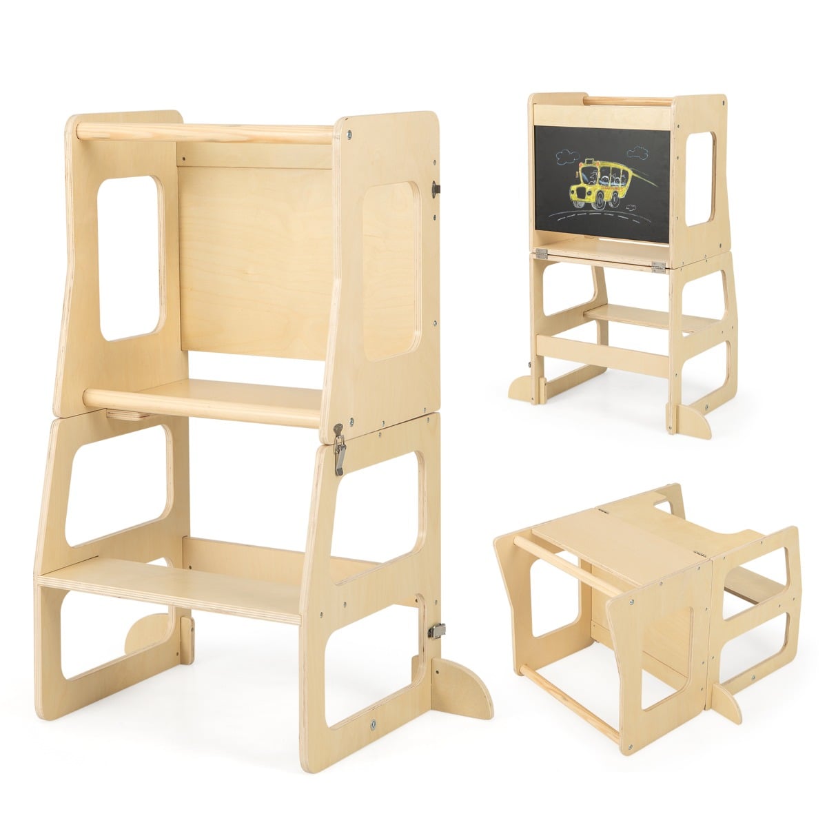 Costway Natural 3-In-1 Foldable Kitchen Standing Tower For Toddlers With Chalkboard, Weaning Table