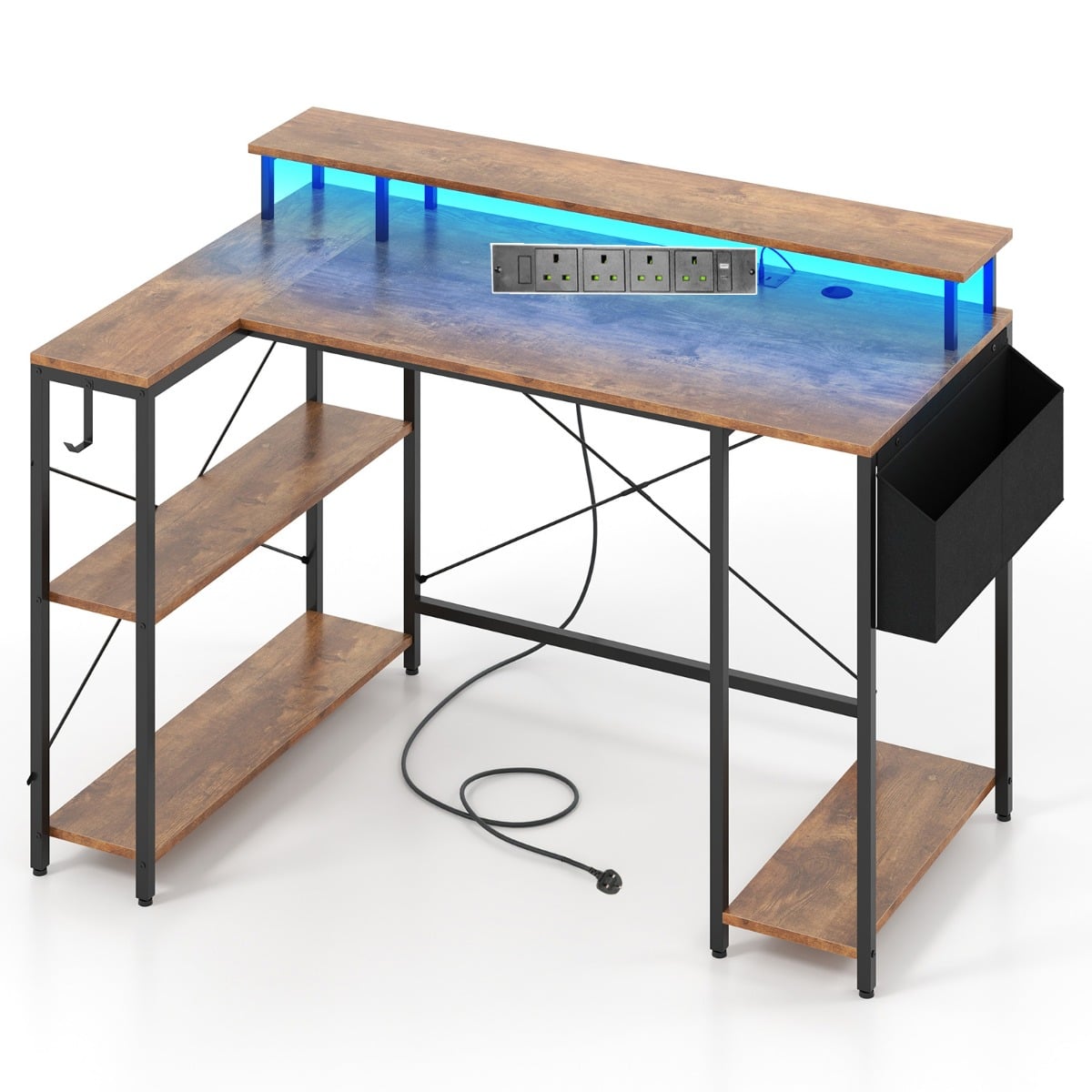 Costway Rustic Brown L-Shaped Gaming Desk 120 Cm Computer Desk With Led Lights And Power Outlets