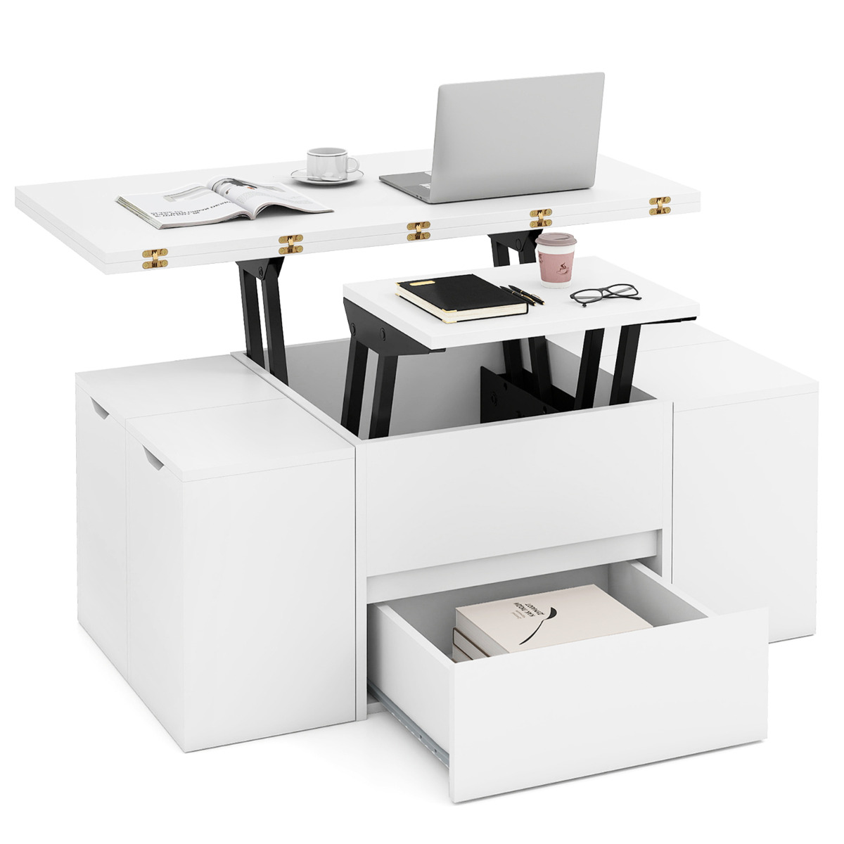 Costway White Lift Top Coffee Table With Hidden Compartment And Drawer