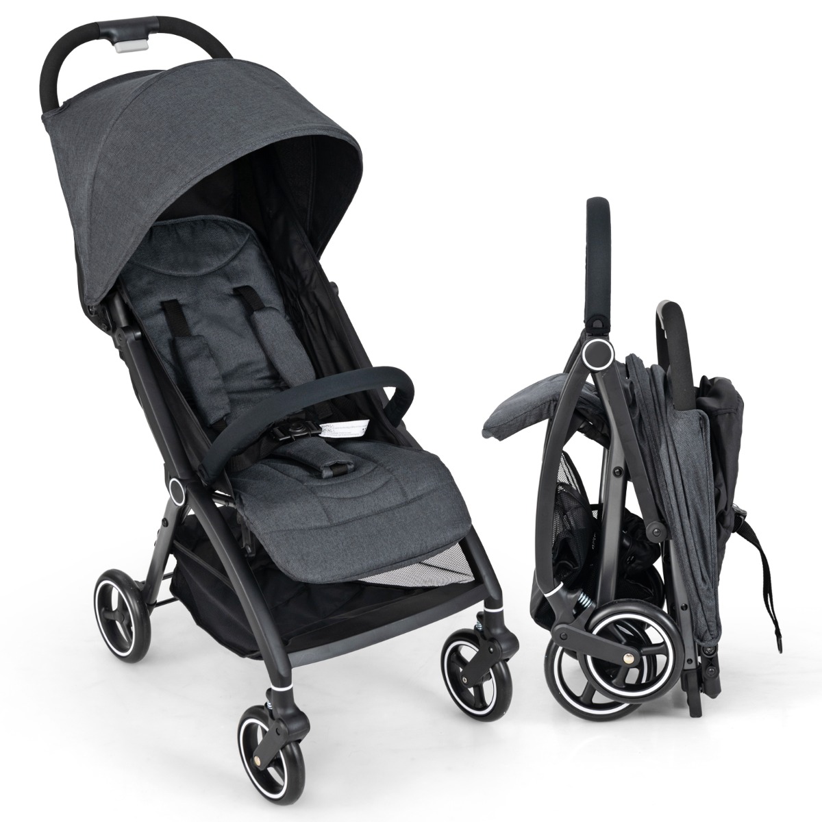 Costway Grey Lightweight Foldable Baby Stroller With Adjustable Backrest And Canopy