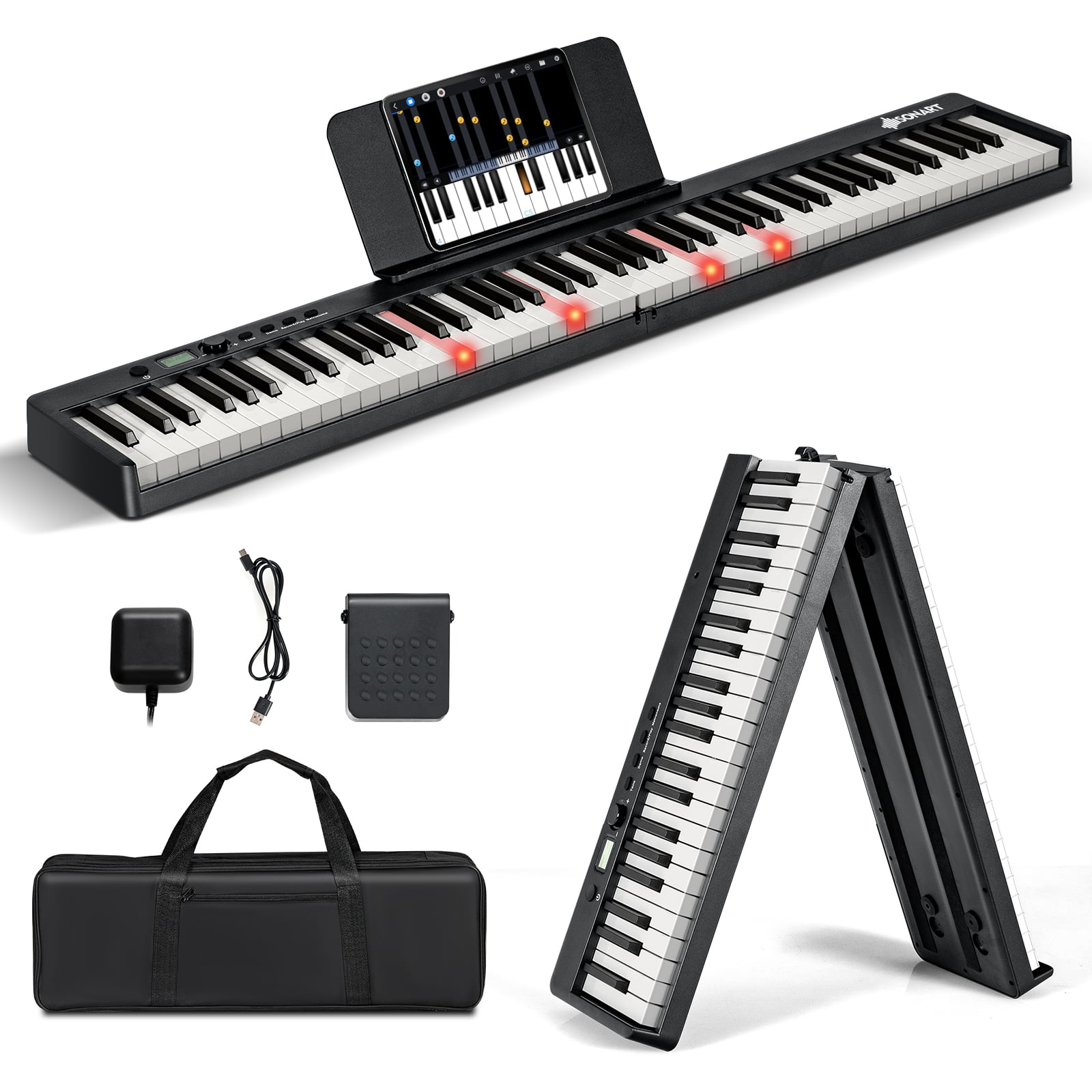 Costway Black 88-Key Folding Electric Piano Keyboard With Full-Size Lighted Key