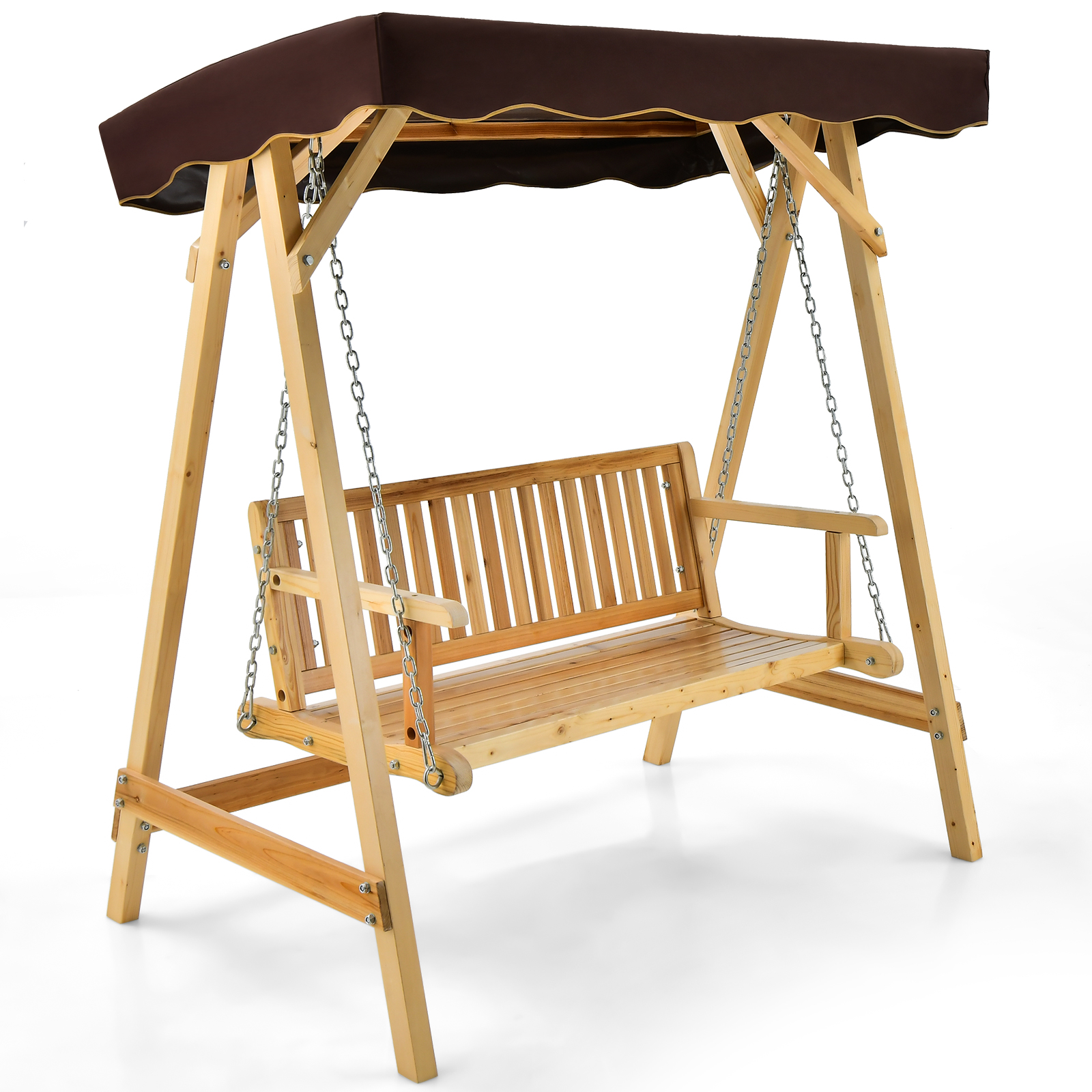 2-Seater Wooden Garden Swing Chair with Adjustable Canopy and Metal Chain