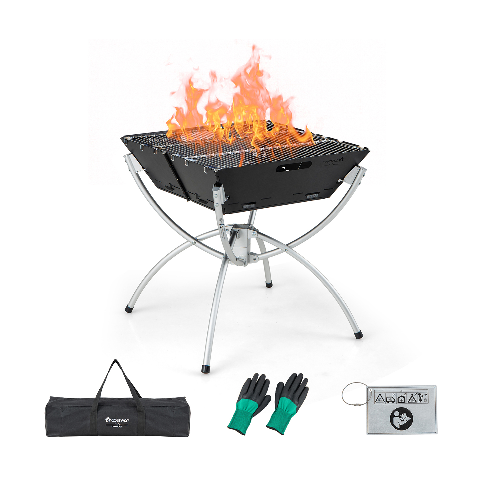 Costway Silver Camping Fire Pit Cooking Grills With Carrying Bag And Gloves