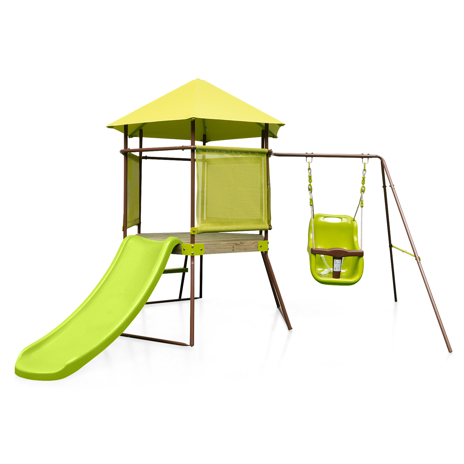 4-in-1 Swing Set with Height Adjustable Baby Seat, Metal Stand and Ground Stakes-Green