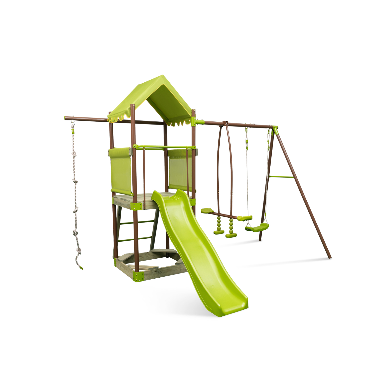 7-in-1 Swing Set Outdoor Metal Playset with Covered Fort-Green