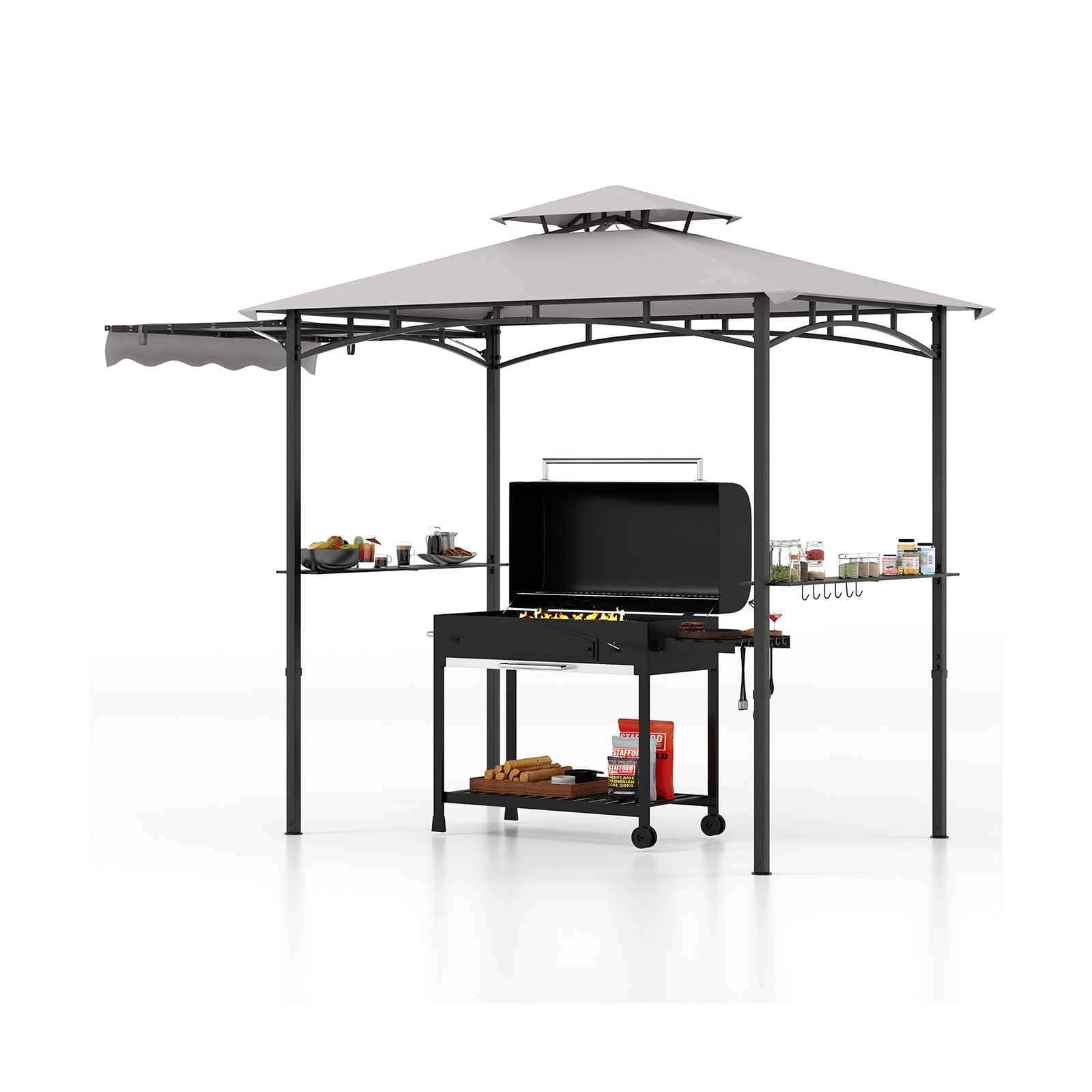 Costway Grey Outdoor Barbecue Canopy Tent Grill Gazebo With Side Awning