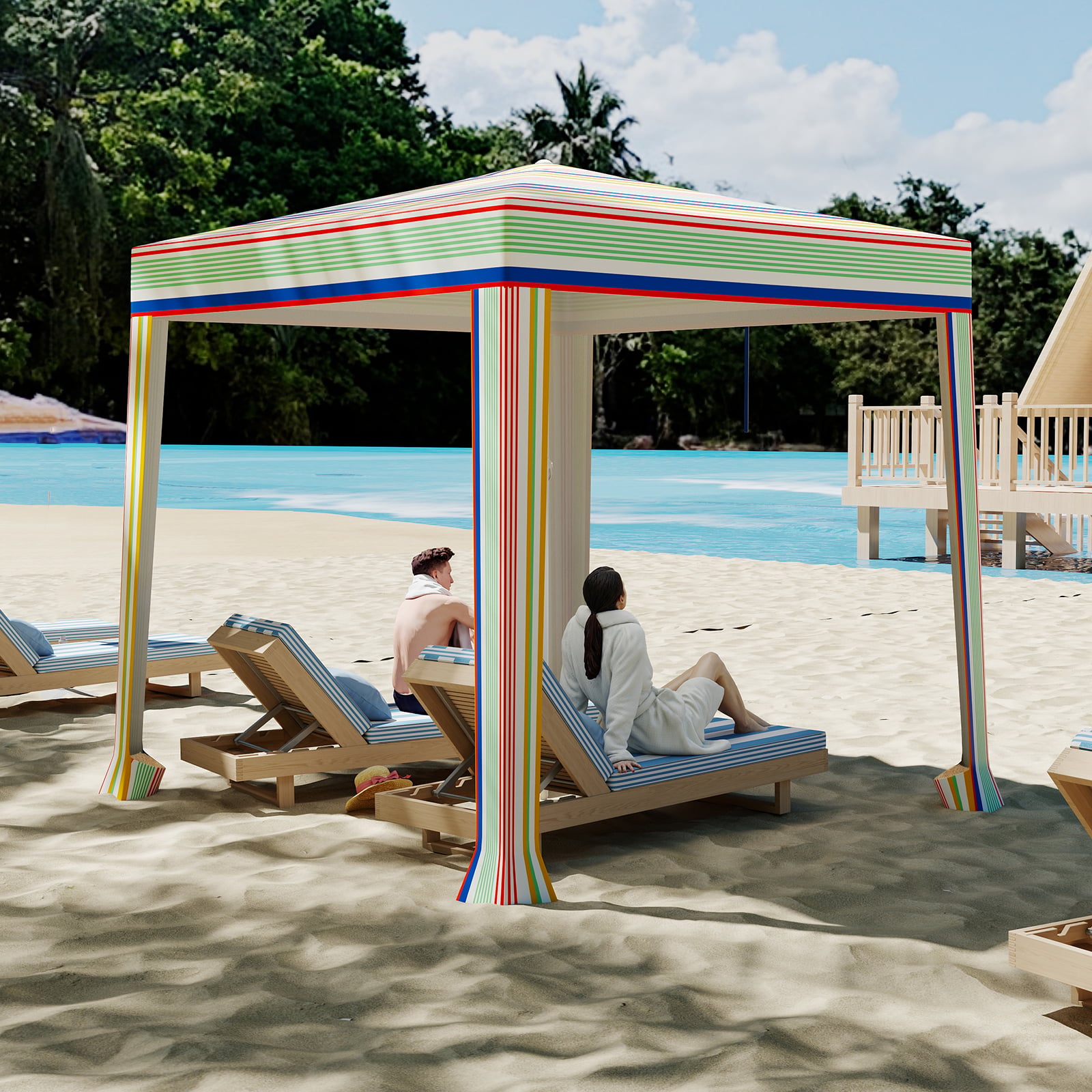 Costway Colourful 200 X 200 Cm Beach Canopy Foldable Sun Shelter With Sandbags