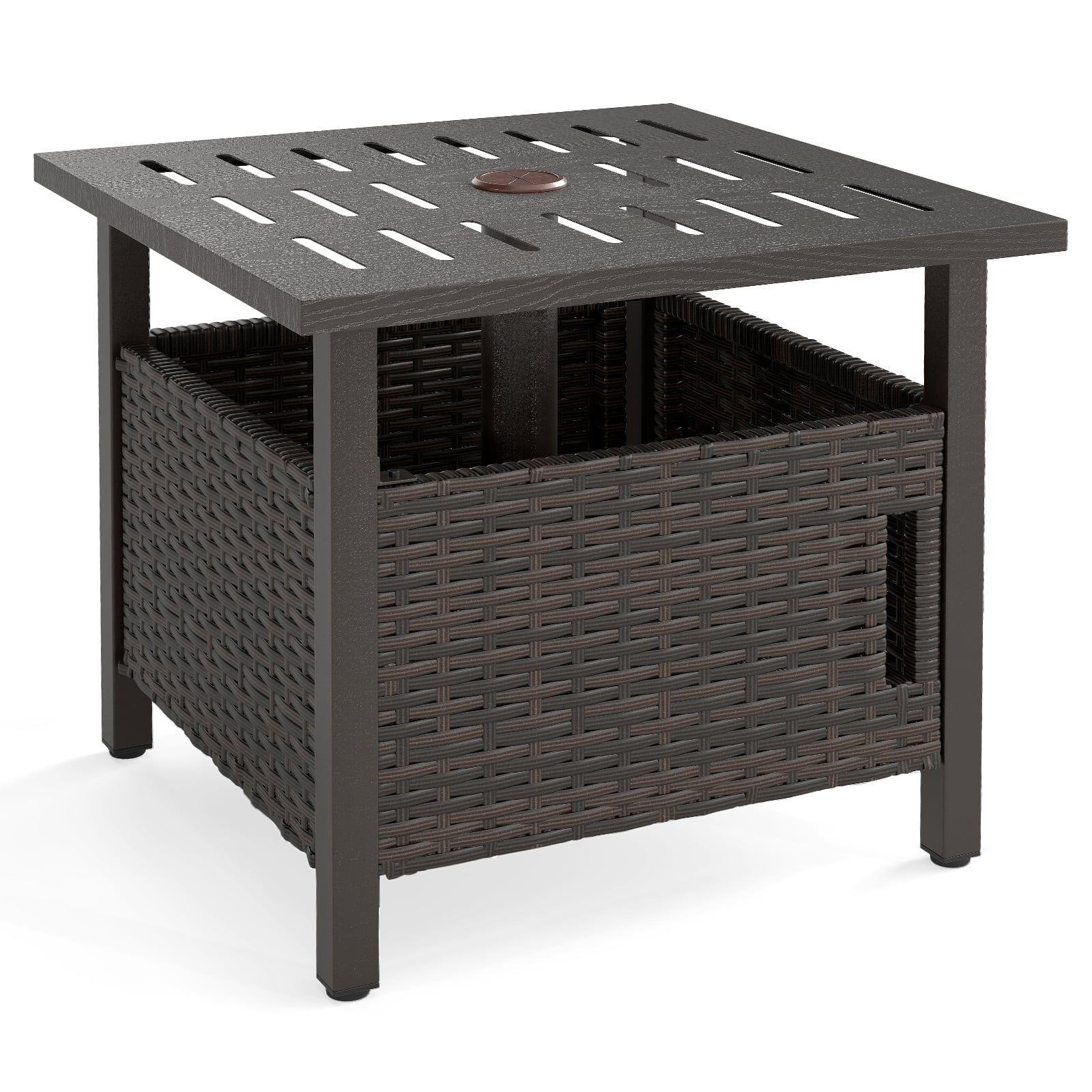 Costway Brown Outdoor Side Table With 2 Weighted Sand Bags And 4.9Cm Umbrella Hole