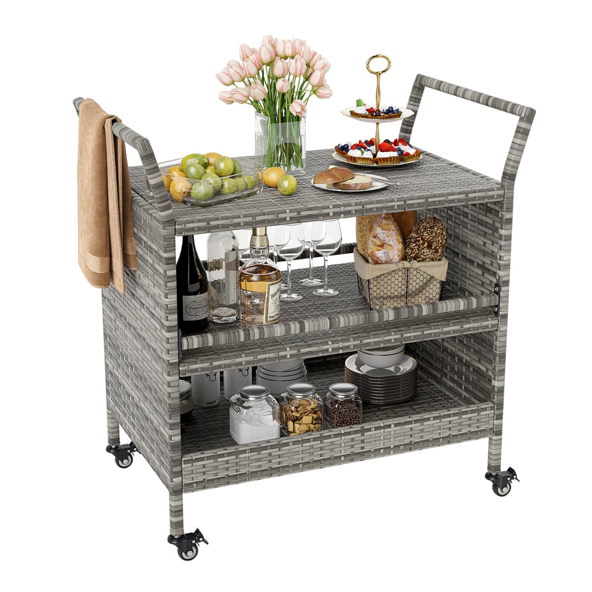 Costway Outdoor Bar Cart 3-Tier Patio Rattan Storage Shelf Wicker Serving Table