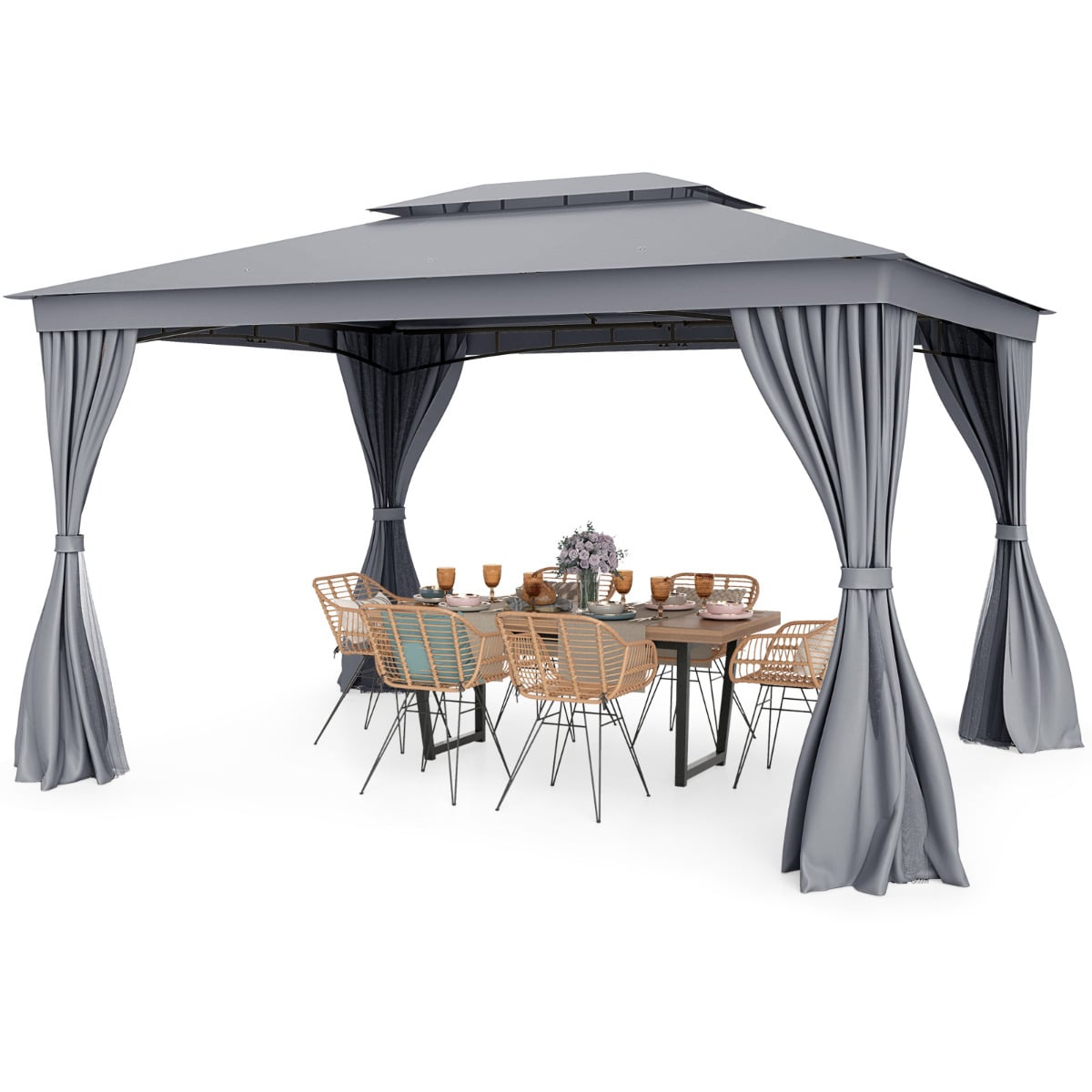Costway Grey Outdoor Double-Roof Patio Gazebo Canopy Tent With Mesh Netting