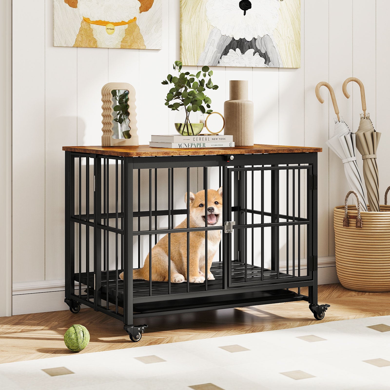 Costway Foldable Dog Crate Furniture With Removable Tray Heavy-Duty Chew-Resistant Dog Kennel-M