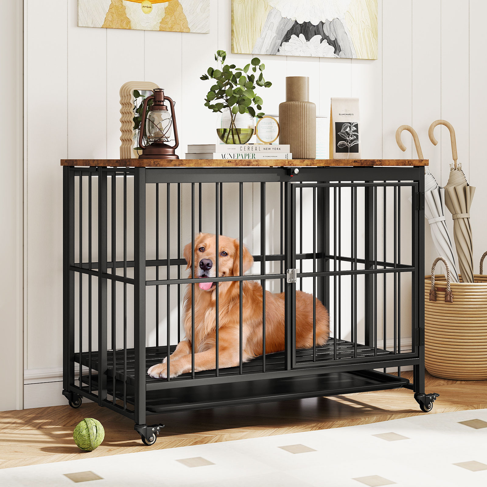 Costway Foldable Dog Crate Furniture With Removable Tray Heavy-Duty Chew-Resistant Dog Kennel-L