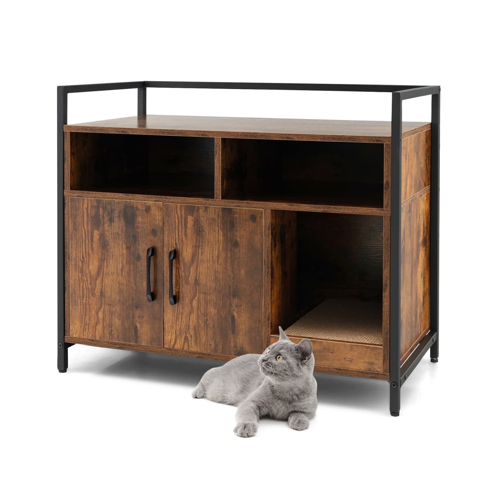 Costway Brown Wooden Cat Litter Box Enclosure With Compartments And Scratching Board