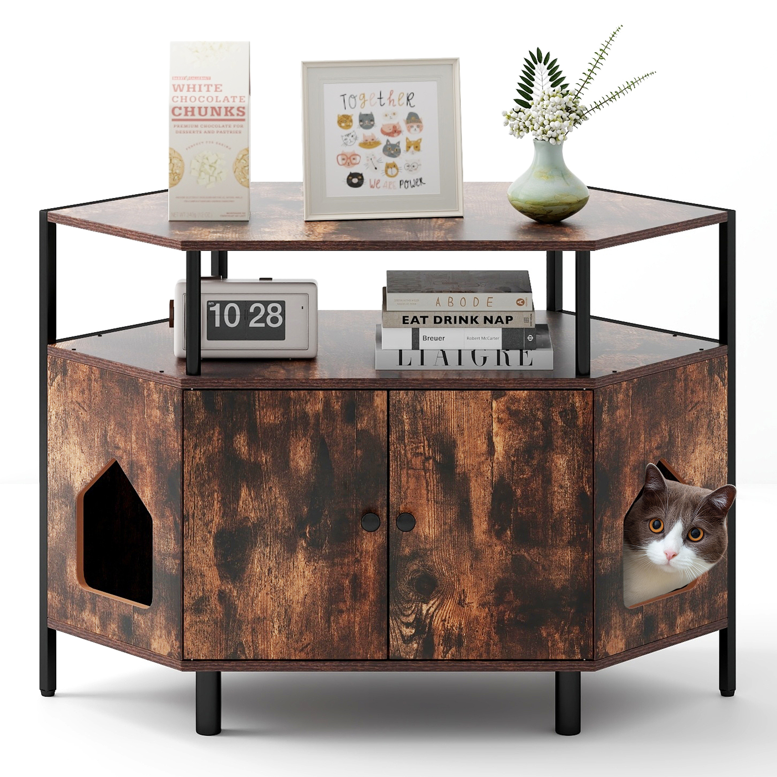 Costway Rustic Brown Corner Cat Litter Box Enclosure With Open Shelf