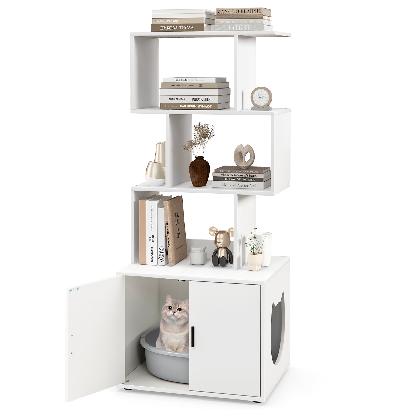 Costway White 2-In-1 Hidden Cat Litter Box Enclosure With 3 Open Shelves