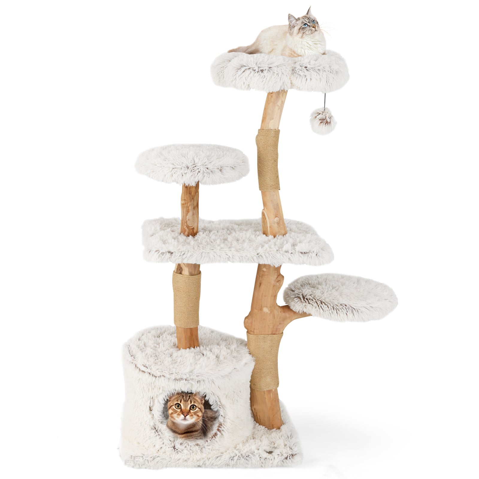 Costway White 135Cm Cat Tree Tower With Wood Branches And Plush Condo