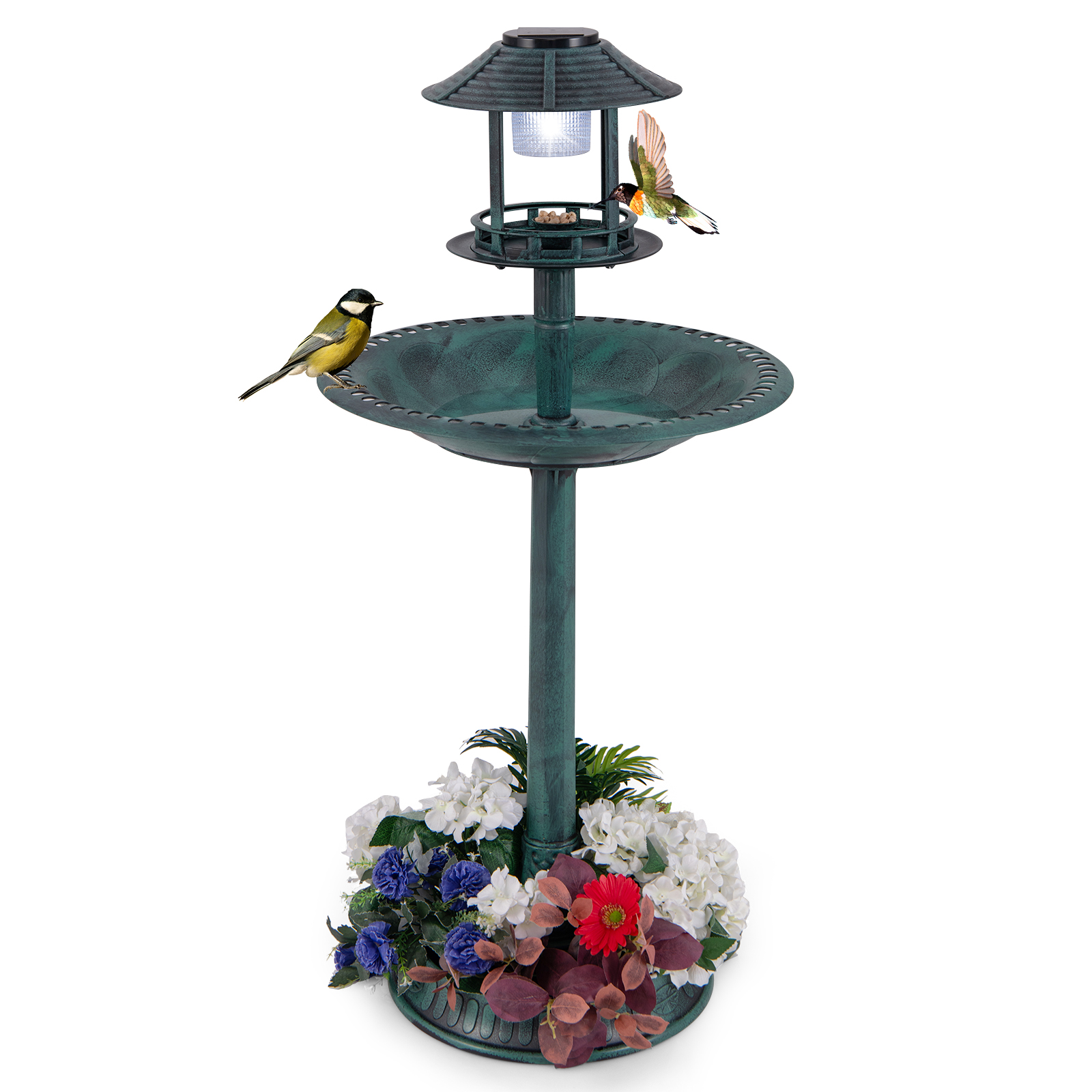 Costway Bronze Outdoor Solar Lighted Bird Bath With Flower Planter Base