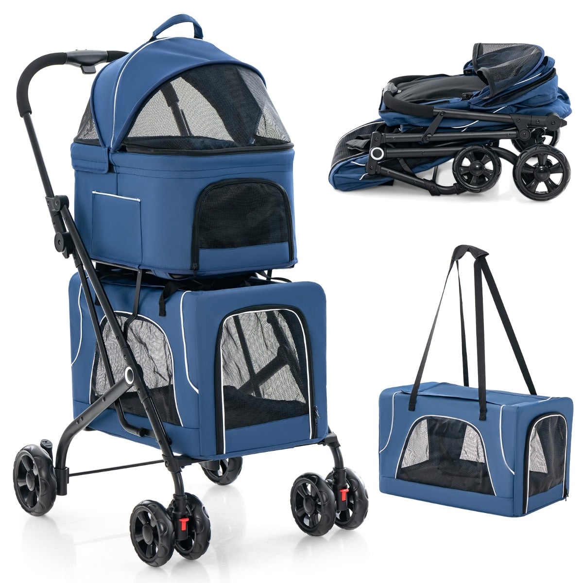 Costway Blue Foldable Double Pet Stroller With Detachable Carriers